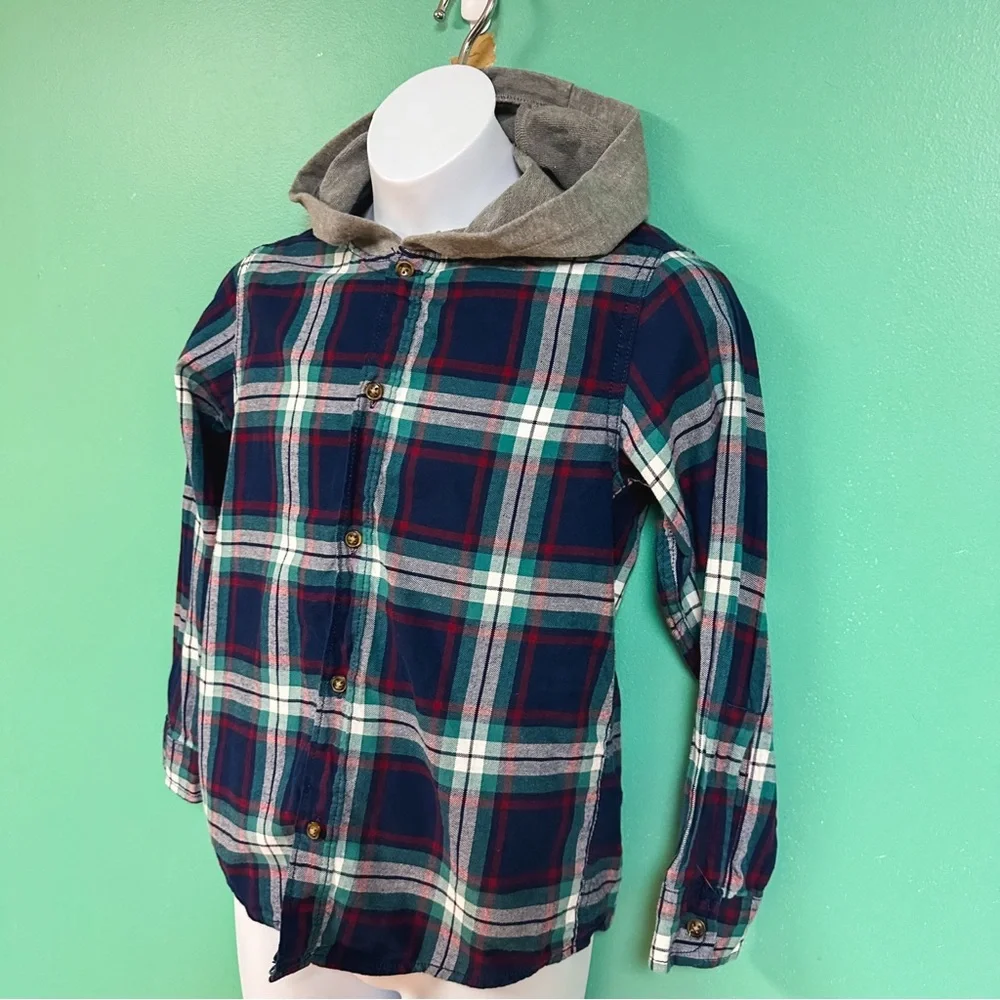 Carters Navy Blue & Gray Hooded Flannel Button Down Shirt Boys Size 8